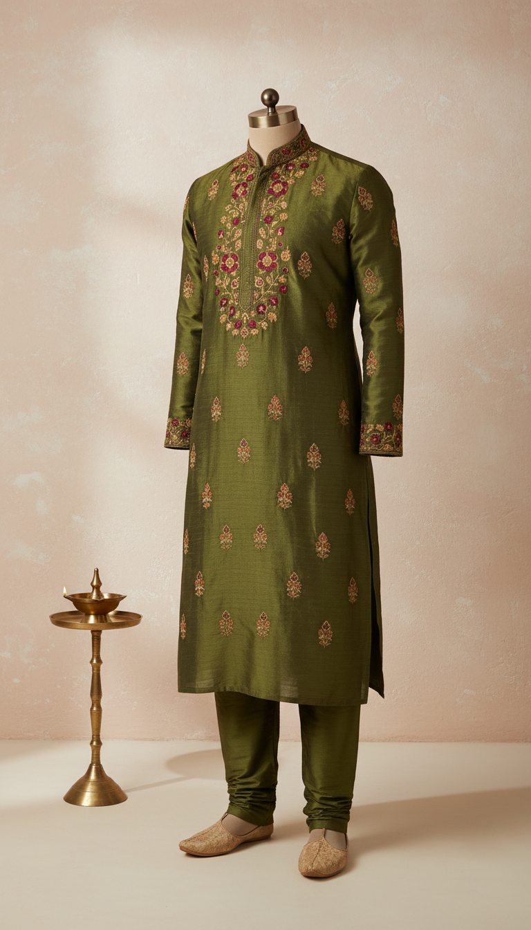 Forest Olive Embroidered Kurta with Churidar